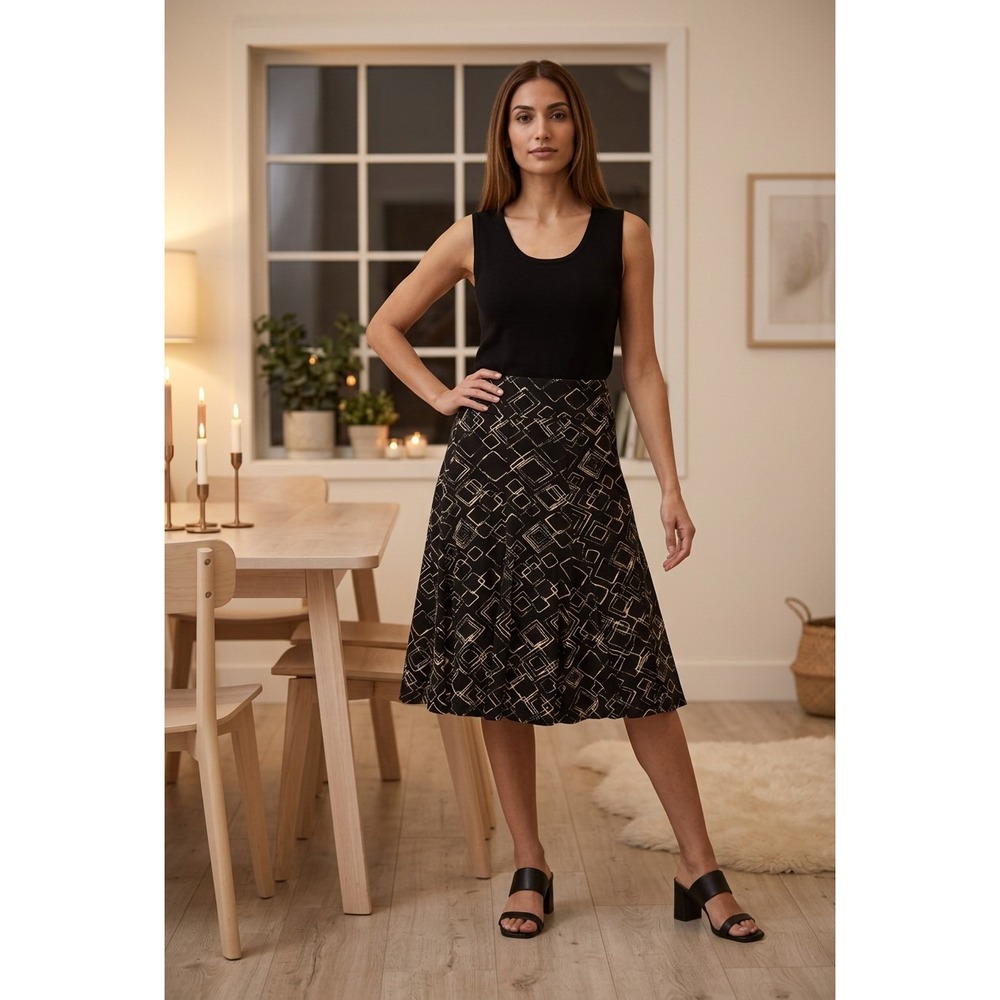 Chico's SZ 2/L/12 Pull On Fit Flare Swing Skirt Black White Stretch Midi